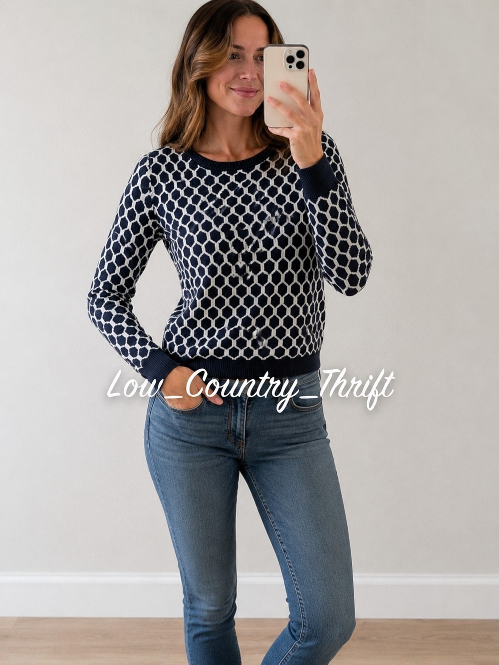 Banana Republic Navy White Honeycomb Knit Sweater Small Cotton Blend Crew Neck